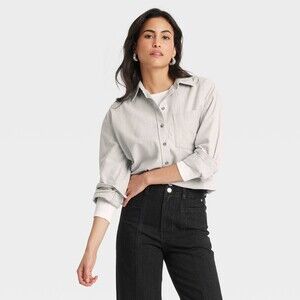 Oversized Fit Flannel Long Sleeve Collared Button-Down Shirt - Gray Size Small